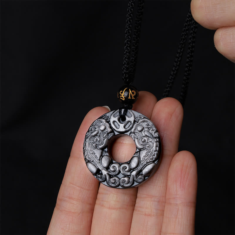 Buddha Stones Natural Silver Sheen Obsidian Double PiXiu Copper Coin Peace Buckle Protection Necklace Pendant - image 5
