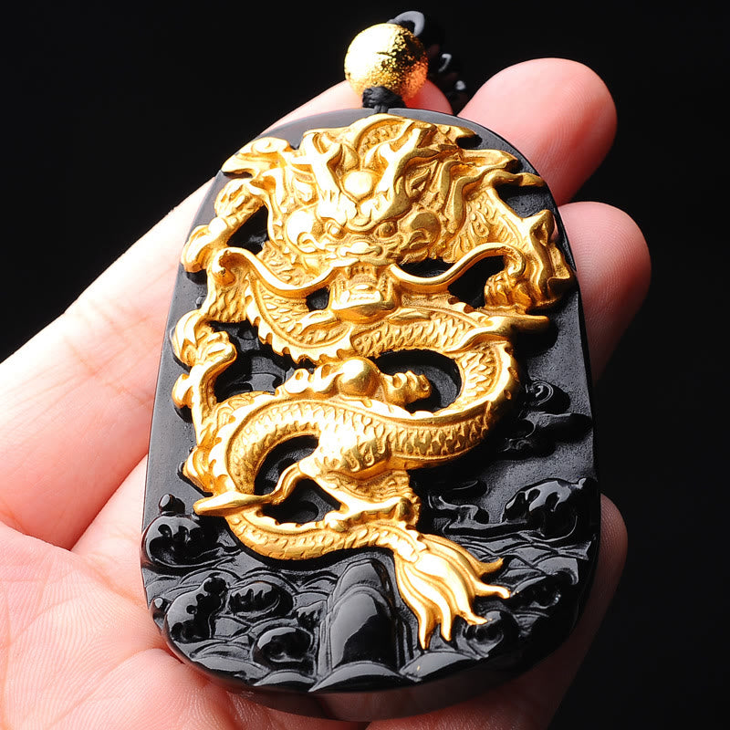 Buddha Stones 18k Gold-plated Dragon Obsidian Lucky Pendant Necklace - image 4