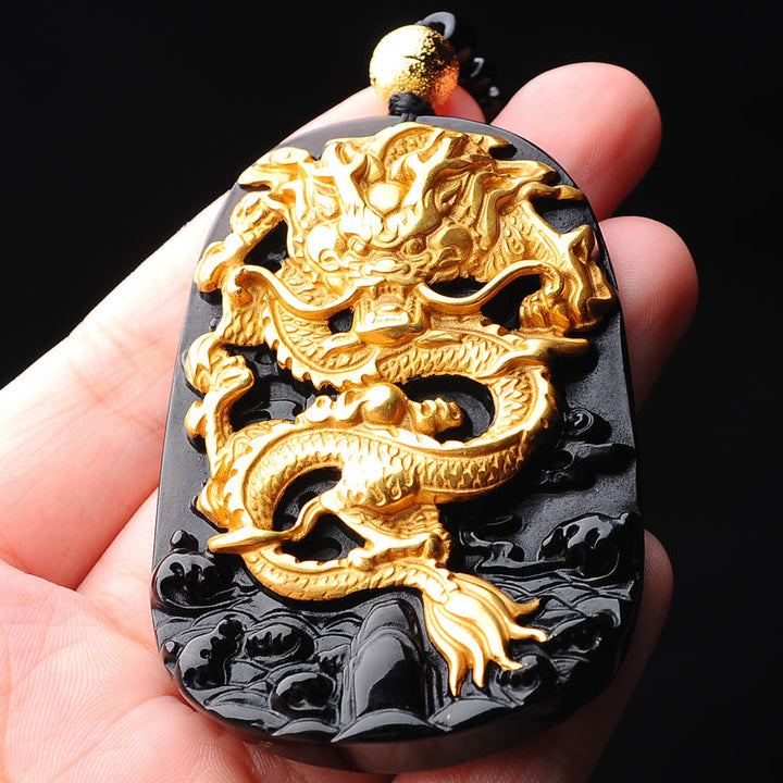 Buddha Stones 18k Gold-plated Dragon Obsidian Lucky Pendant Necklace - image 4