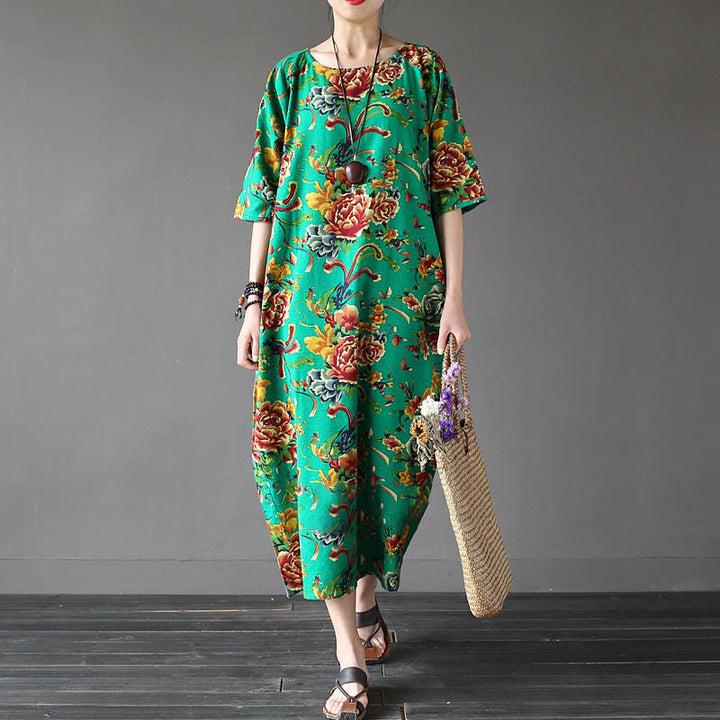 Buddha Stones Red Peony Flowers Printed Midi Dress Half Sleeve Cotton Linen Dress