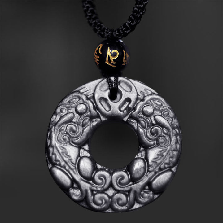 Buddha Stones Natural Silver Sheen Obsidian Double PiXiu Copper Coin Peace Buckle Protection Necklace Pendant - image 4