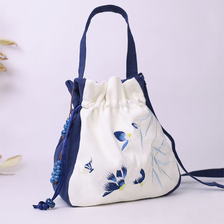 Buddha Stones Embroidered Butterfly Lotus Magnolia Cotton Linen Tote Crossbody Bag Shoulder Bag Handbag
