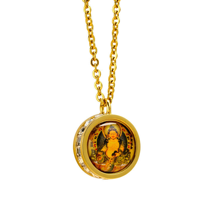 Buddha Stones Tibetan Yellow God Of Wealth Green Tara Buddha Serenity Titanium Steel Necklace Pendant - image 9