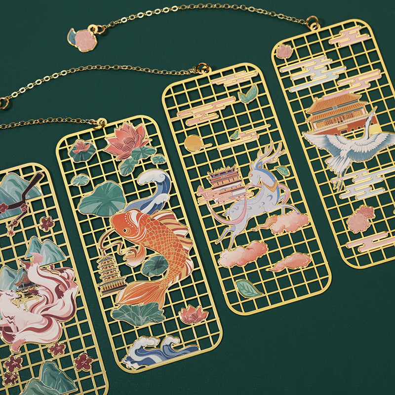 Buddha Stones Elk Koi Fish Crane Nine Tailed Fox Metal Brass Hollow Bookmark