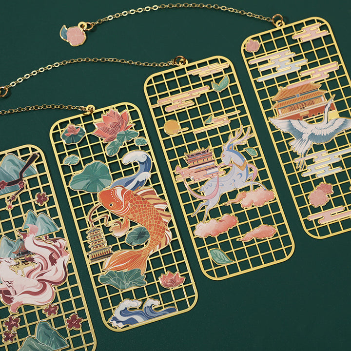 Buddha Stones Elk Koi Fish Crane Nine Tailed Fox Metal Brass Hollow Bookmark