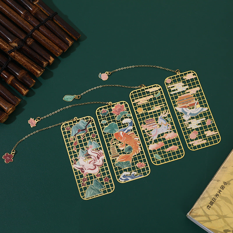 Buddha Stones Elk Koi Fish Crane Nine Tailed Fox Metal Brass Hollow Bookmark