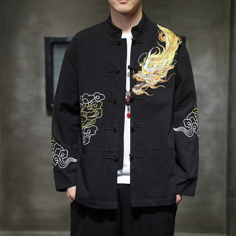 Buddha Stones Dragon Auspicious Cloud Embroidery Clothing Chinese Tang Suit Jacket Men Clothing - Black - US/UK/AU48,EU58(5XL) - image 0