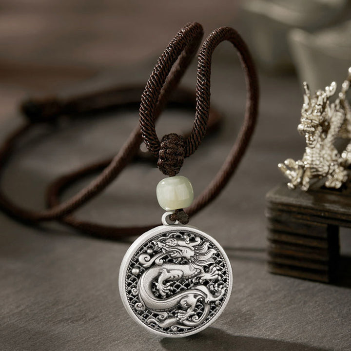 Buddha Stones 999 Sterling Silver Year of the Dragon Fu Character Hetian Jade Success Necklace Pendant - Dragon Fu Character - image 0