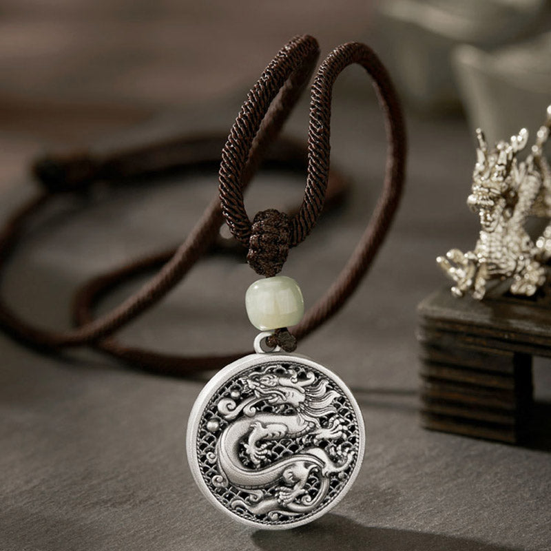 Buddha Stones 999 Sterling Silver Year of the Dragon Fu Character Hetian Jade Success Necklace Pendant - Dragon Fu Character - image 0