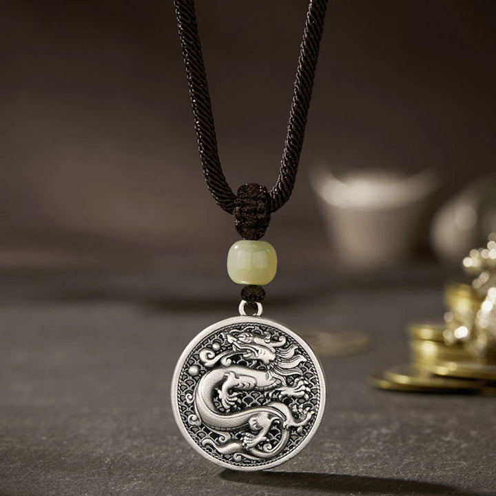 Buddha Stones 999 Sterling Silver Year of the Dragon Fu Character Hetian Jade Success Necklace Pendant - image 2