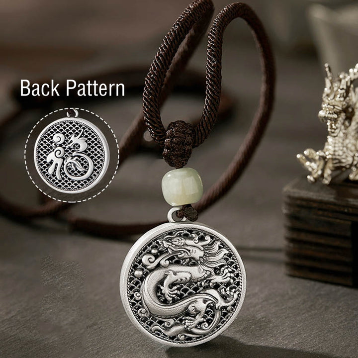 Buddha Stones 999 Sterling Silver Year of the Dragon Fu Character Hetian Jade Success Necklace Pendant - image 4