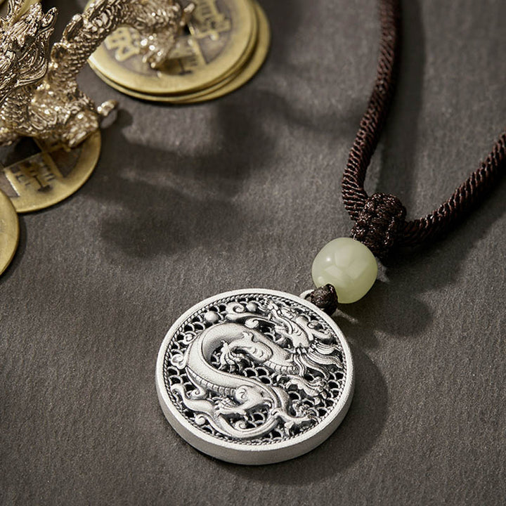 Buddha Stones 999 Sterling Silver Year of the Dragon Fu Character Hetian Jade Success Necklace Pendant - image 3