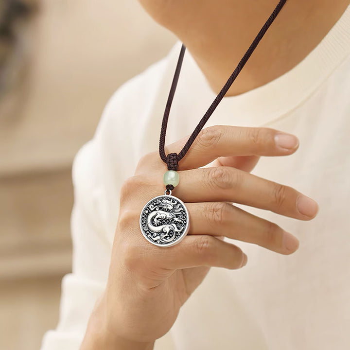 Buddha Stones 999 Sterling Silver Year of the Dragon Fu Character Hetian Jade Success Necklace Pendant - image 8