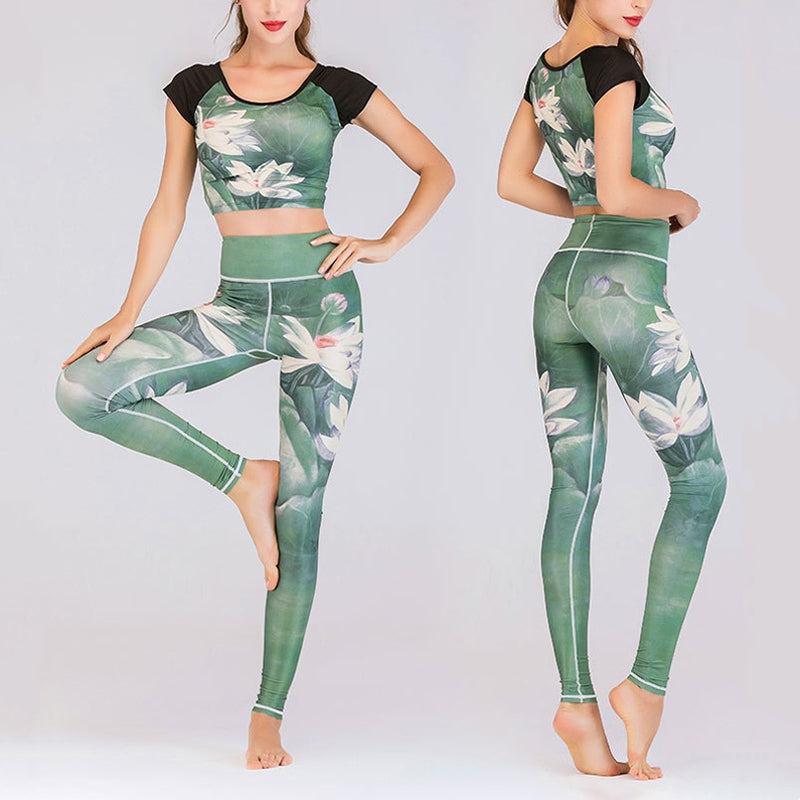 Buddha Stones 2Pcs Lotus Phoenix Spring Flowers Peacock Top Pants Sports Fitness Yoga Women's Yoga Sets - Lotus - US8-10,UK/AU12-14,EU40-42 (XL) - image 0