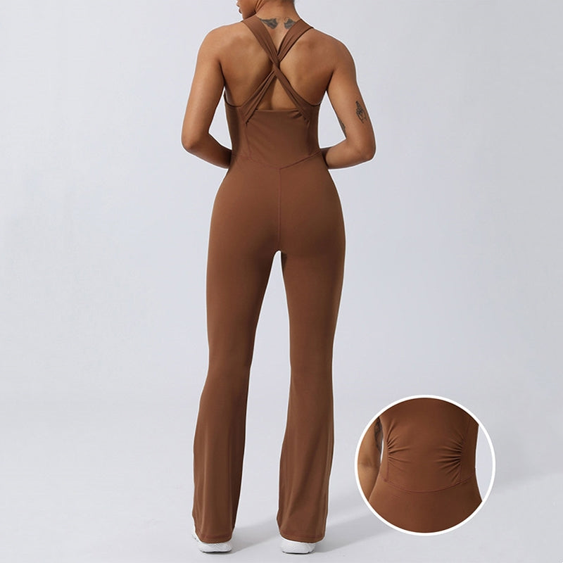 Buddha Stones Women Workout Crisscross Sleeveless Flare Jumpsuit Sports Fitness Yoga Bodysuit - Brown - US8-10,UK/AU12-14,EU40-42 (XL) - image 0