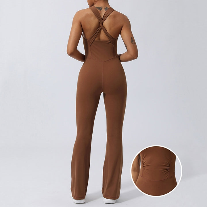 Buddha Stones Women Workout Crisscross Sleeveless Flare Jumpsuit Sports Fitness Yoga Bodysuit - Brown - US8-10,UK/AU12-14,EU40-42 (XL) - image 0
