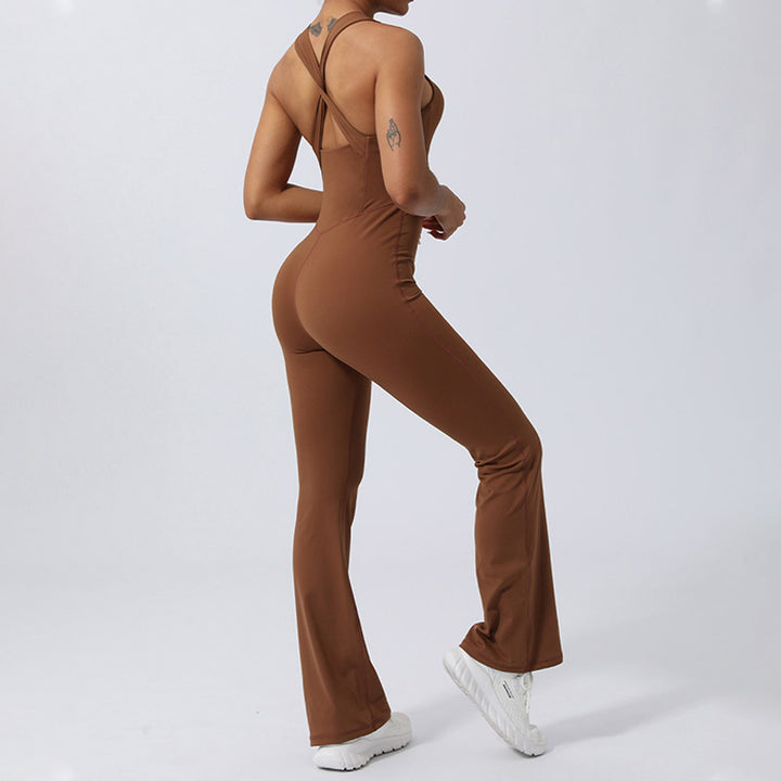 Buddha Stones Women Workout Crisscross Sleeveless Flare Jumpsuit Sports Fitness Yoga Bodysuit - image 4