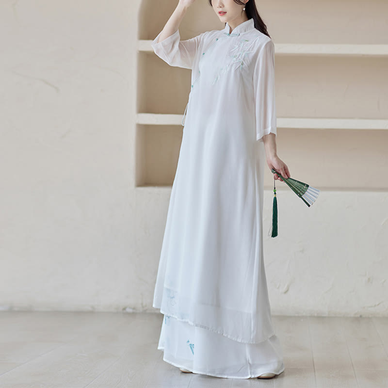 Buddha Stones Bamboo Cheongsam Dress Midi Dress Wide Leg Pants Meditation Spiritual Zen Practice Clothing - image 4