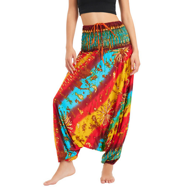 Buddha Stones Two Style Wear Gradient Colorful Loose Smocked Harem Trousers Jumpsuit High Waist Pants - Yellow Blue Red - US2-12,UK/AU6-16,EU34-44 (F) - image 0