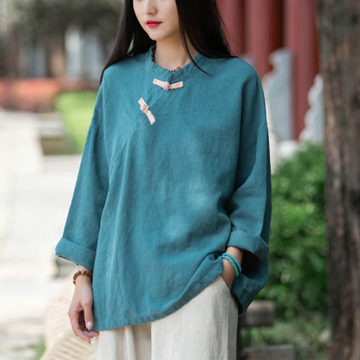 Buddha Stones Ramie Linen Loose Blouse Women Long Sleeve Shirt Chinese Hanfu Top - Cyan(Bust 132cm)(Top Only) - image 19