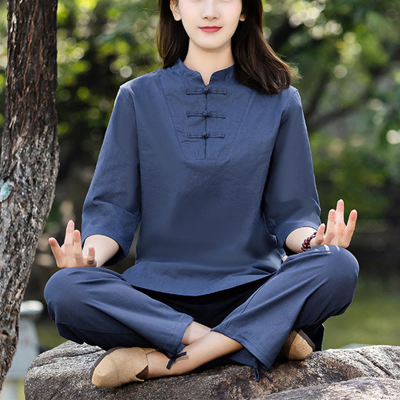 Buddha Stones 2Pcs Half Sleeve Shirt Top Pants Meditation Zen Tai Chi Cotton Linen Clothing Women's Set - Blue(Top&Pants) - US8-10,UK/AU12-14,EU40-42 (2XL) - image 0