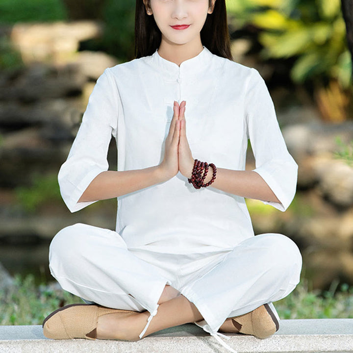 Buddha Stones 2Pcs Half Sleeve Shirt Top Pants Meditation Zen Tai Chi Cotton Linen Clothing Women's Set - White(Top&Pants) - US8-10,UK/AU12-14,EU40-42 (2XL) - image 12