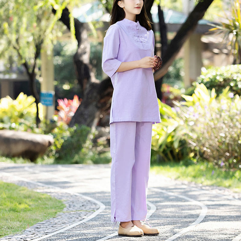 Buddha Stones 2Pcs Half Sleeve Shirt Top Pants Meditation Zen Tai Chi Cotton Linen Clothing Women's Set - Purple(Top&Pants) - US8-10,UK/AU12-14,EU40-42 (2XL) - image 9