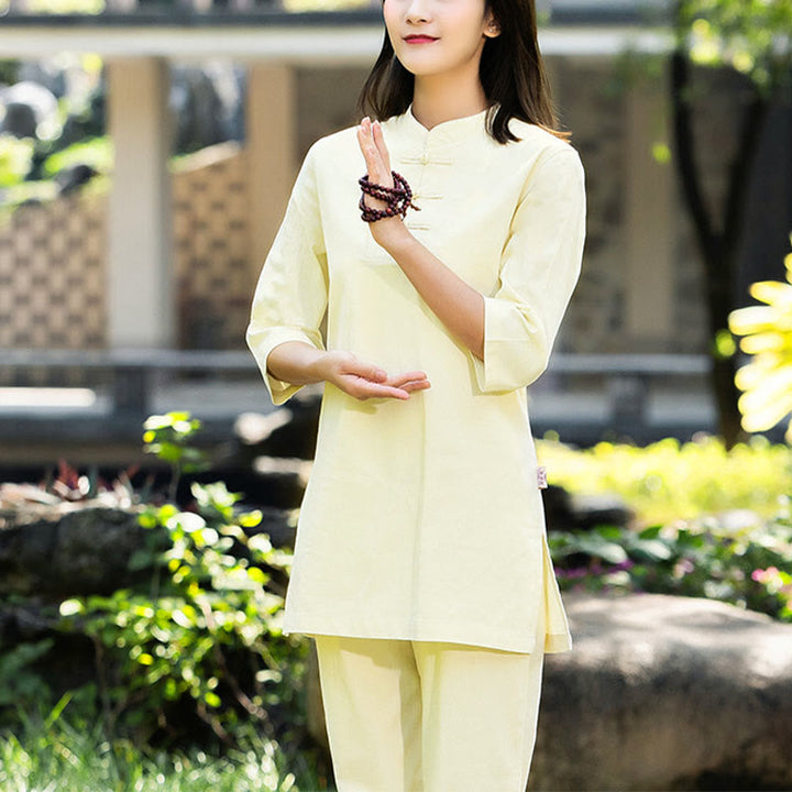 Buddha Stones 2Pcs Half Sleeve Shirt Top Pants Meditation Zen Tai Chi Cotton Linen Clothing Women's Set - Yellow(Top&Pants) - US8-10,UK/AU12-14,EU40-42 (2XL) - image 19