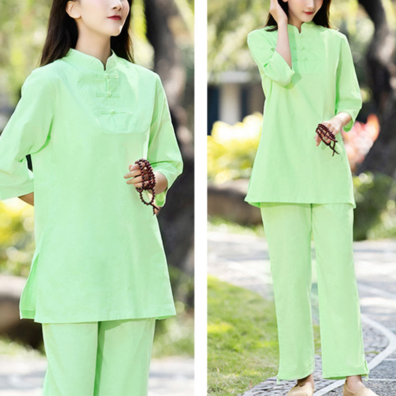 Buddha Stones 2Pcs Half Sleeve Shirt Top Pants Meditation Zen Tai Chi Cotton Linen Clothing Women's Set - image 8