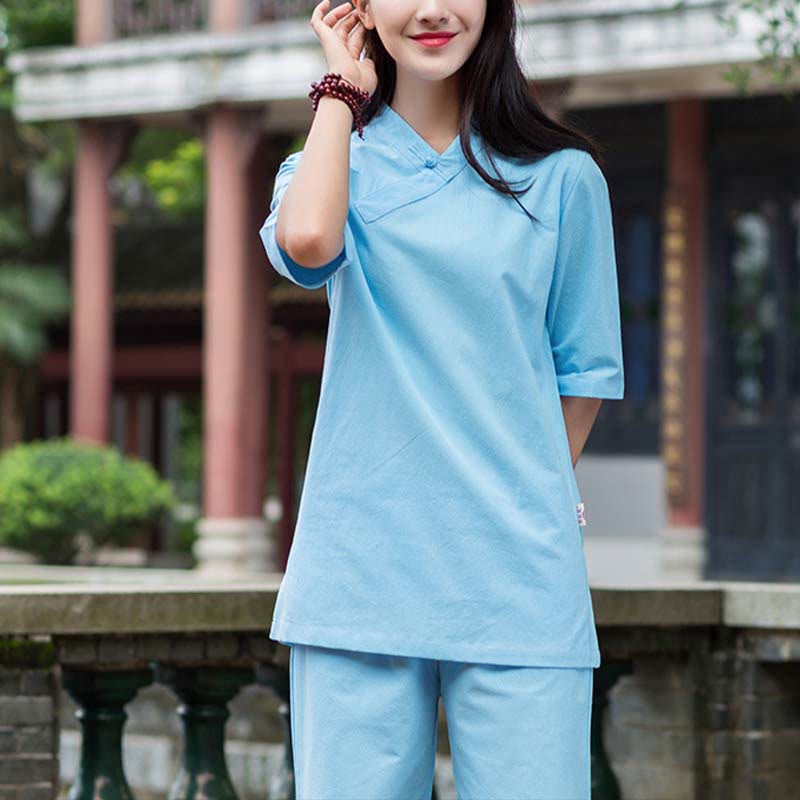 Buddha Stones 2Pcs Half Sleeve V-Neck Shirt Top Pants Meditation Zen Tai Chi Linen Clothing Women's Set - Blue(Top&Pants) - US8-10,UK/AU12-14,EU40-42 (2XL) - image 9