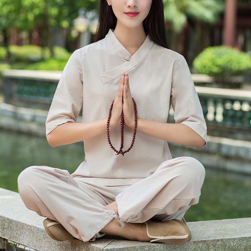 Buddha Stones 2Pcs Half Sleeve V-Neck Shirt Top Pants Meditation Zen Tai Chi Linen Clothing Women's Set - Khaki(Top&Pants) - US8-10,UK/AU12-14,EU40-42 (2XL) - image 0