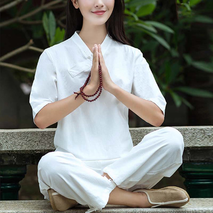 Buddha Stones 2Pcs Half Sleeve V-Neck Shirt Top Pants Meditation Zen Tai Chi Linen Clothing Women's Set - White(Top&Pants) - US8-10,UK/AU12-14,EU40-42 (2XL) - image 3