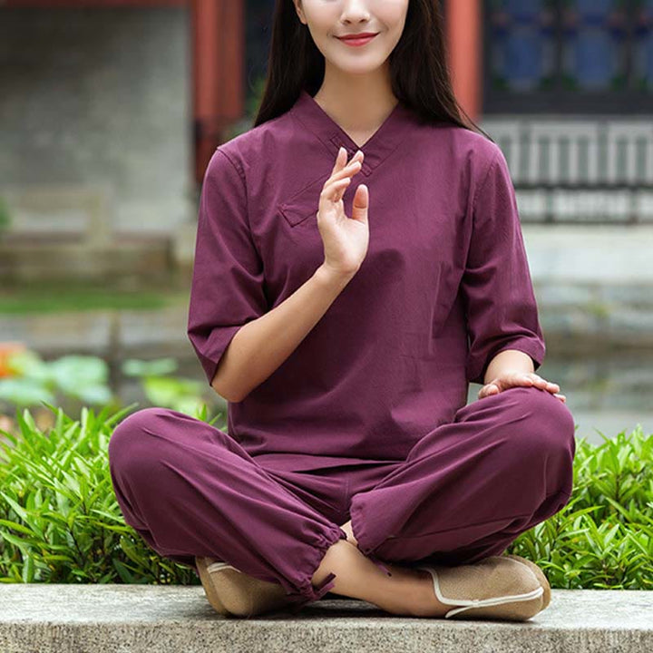 Buddha Stones 2Pcs Half Sleeve V-Neck Shirt Top Pants Meditation Zen Tai Chi Linen Clothing Women's Set - Burgundy(Top&Pants) - US8-10,UK/AU12-14,EU40-42 (2XL) - image 12