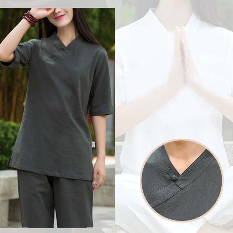 Buddha Stones 2Pcs Half Sleeve V-Neck Shirt Top Pants Meditation Zen Tai Chi Linen Clothing Women's Set - image 19