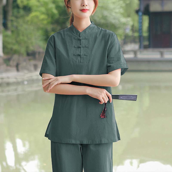 Buddha Stones 2Pcs Women's Short Sleeve Shirt Top T-Shirt Pants Meditation Zen Tai Chi Cotton Linen Clothing Set - Dark Green(Top&Pants) - US18,UK/AU22,EU50 (6XL) - image 13