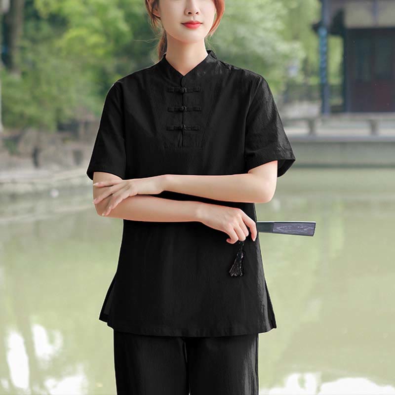 Buddha Stones 2Pcs Women's Short Sleeve Shirt Top T-Shirt Pants Meditation Zen Tai Chi Cotton Linen Clothing Set - Black(Top&Pants) - US18,UK/AU22,EU50 (6XL) - image 14