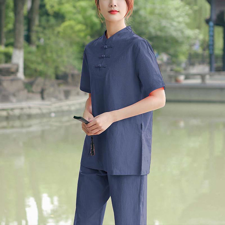 Buddha Stones 2Pcs Women's Short Sleeve Shirt Top T-Shirt Pants Meditation Zen Tai Chi Cotton Linen Clothing Set - Dark Blue(Top&Pants) - US18,UK/AU22,EU50 (6XL) - image 10