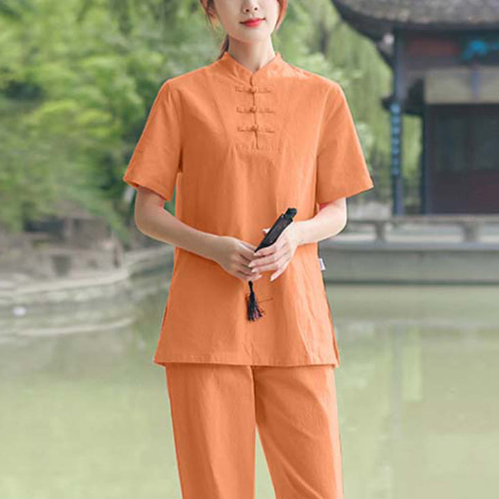 Buddha Stones 2Pcs Women's Short Sleeve Shirt Top T-Shirt Pants Meditation Zen Tai Chi Cotton Linen Clothing Set - Orange(Top&Pants) - US18,UK/AU22,EU50 (6XL) - image 7