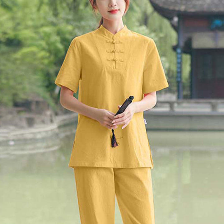 Buddha Stones 2Pcs Women's Short Sleeve Shirt Top T-Shirt Pants Meditation Zen Tai Chi Cotton Linen Clothing Set - Yellow(Top&Pants) - US18,UK/AU22,EU50 (6XL) - image 9
