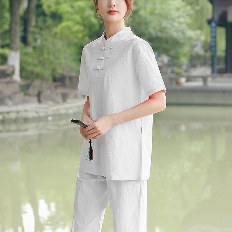 Buddha Stones 2Pcs Women's Short Sleeve Shirt Top T-Shirt Pants Meditation Zen Tai Chi Cotton Linen Clothing Set - White(Top&Pants) - US18,UK/AU22,EU50 (6XL) - image 15
