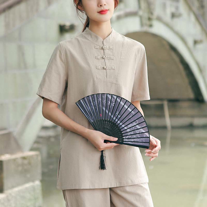 Buddha Stones 2Pcs Women's Short Sleeve Shirt Top T-Shirt Pants Meditation Zen Tai Chi Cotton Linen Clothing Set - Khaki(Top&Pants) - US18,UK/AU22,EU50 (6XL) - image 0