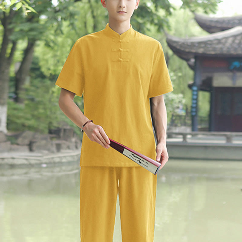 Buddha Stones 2Pcs Men's Short Sleeve Shirt Top T-Shirt Pants Meditation Zen Tai Chi Cotton Linen Clothing Set - Yellow(Top&Pants) - US/UK/AU48,EU58 (6XL) - image 4