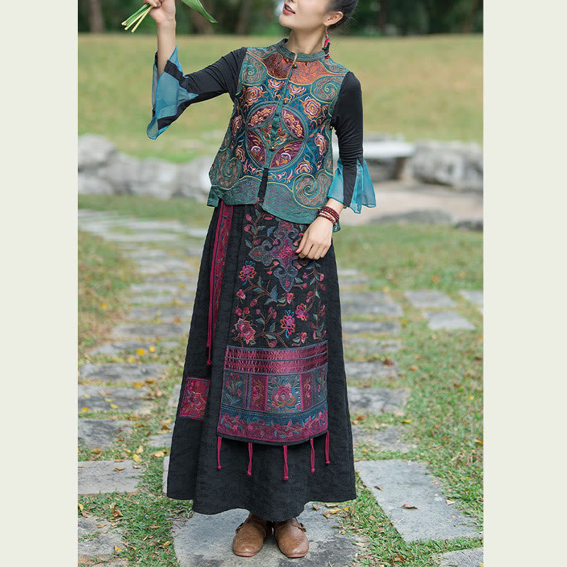 Buddha Stones Vintage Style Embroidery Flower Tang Suit Design Sleeveless Vest - image 3