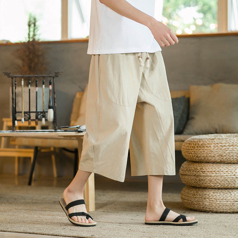 Buddha Stones Solid Color Mid-length Linen Men's Wide Leg Pants With Pockets - Khaki - US/UK/AU46,EU56 (5XL) - image 3