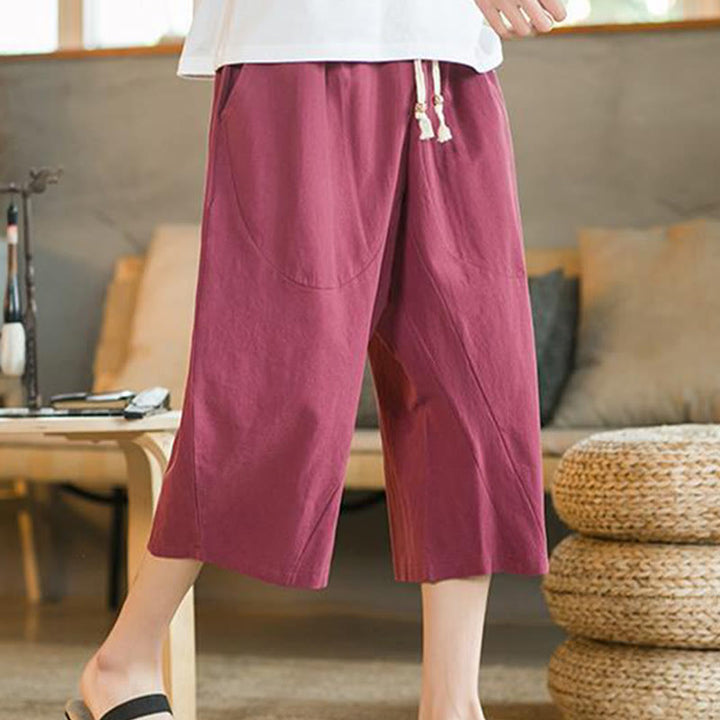 Buddha Stones Solid Color Mid-length Linen Men's Wide Leg Pants With Pockets - Red - US/UK/AU46,EU56 (5XL) - image 17