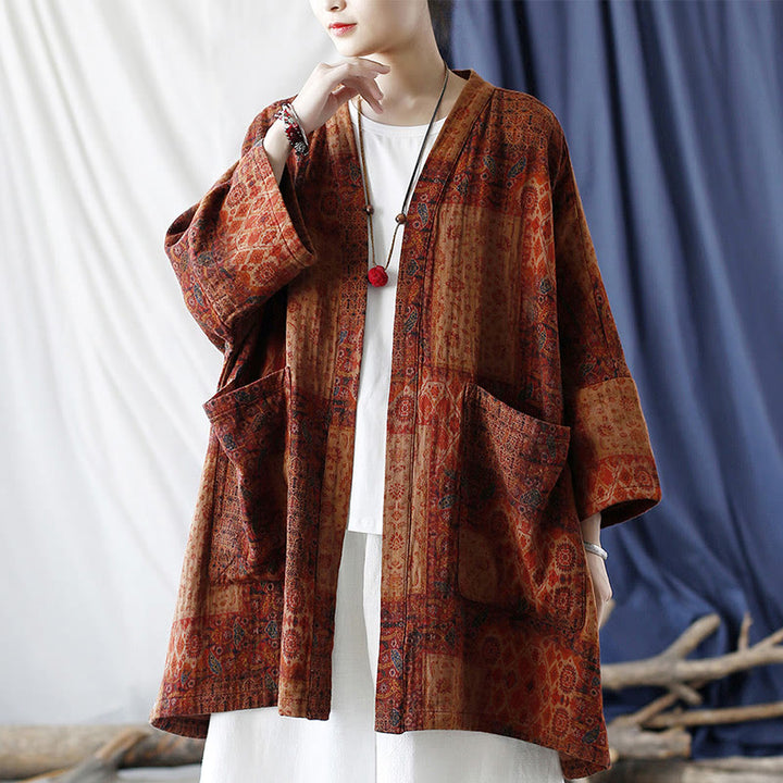 Buddha Stones Orange Flower Geometry Print Cotton Open Front Jacket With Pockets - image 18