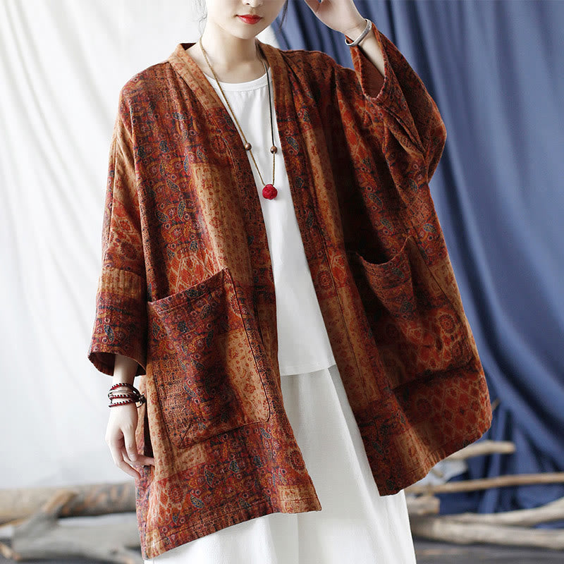 Buddha Stones Orange Flower Geometry Print Cotton Open Front Jacket With Pockets - image 19