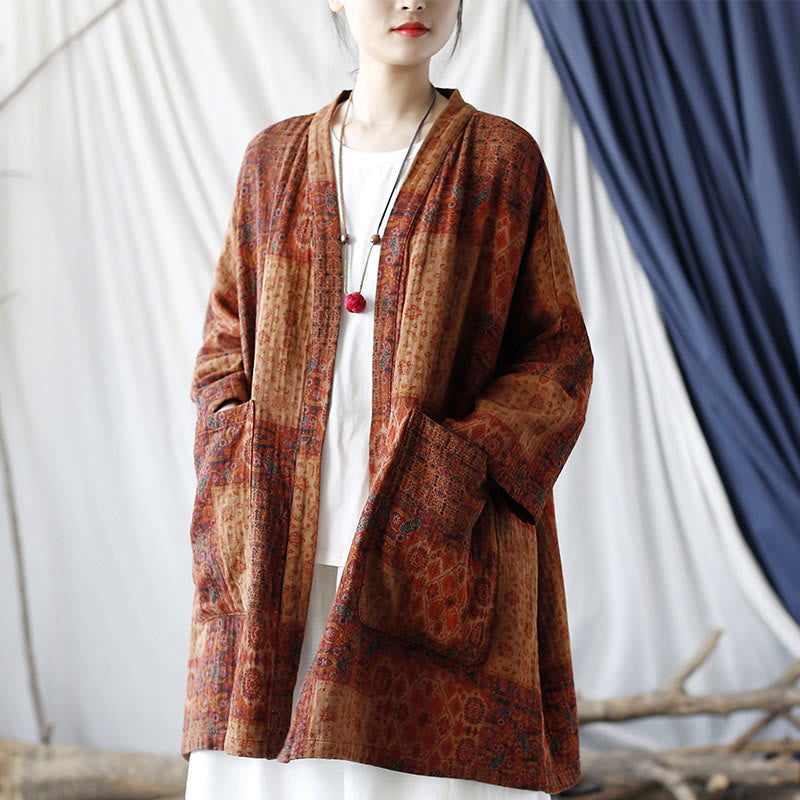 Buddha Stones Orange Flower Geometry Print Cotton Open Front Jacket With Pockets - image 17