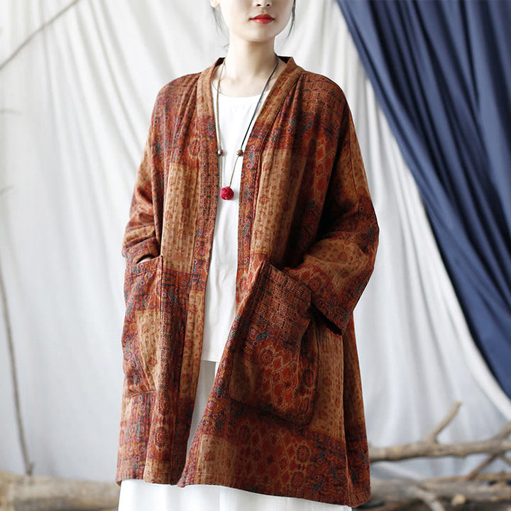 Buddha Stones Orange Flower Geometry Print Cotton Open Front Jacket With Pockets - image 17