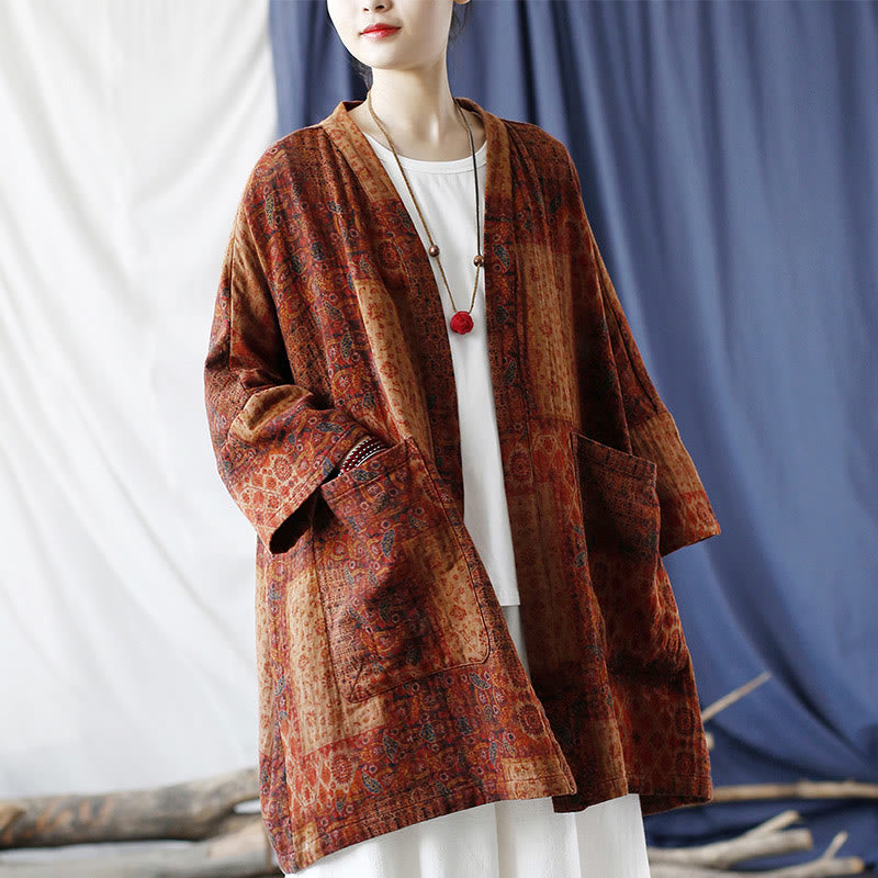 Buddha Stones Orange Flower Geometry Print Cotton Open Front Jacket With Pockets - image 1